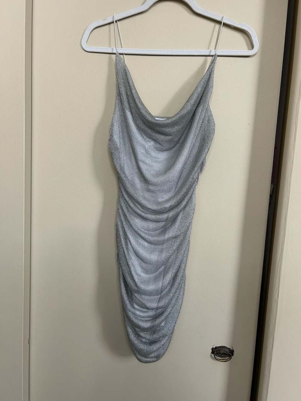 Luvalot Silver Metallic Cowl Neck Ruched Bodycon Mini Dress USA 6